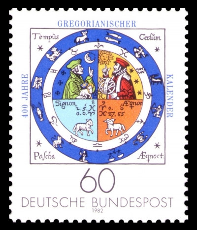 Западногерманская марка 1982 года, выпущенная к 400-летию введения григорианского календаря. Изображение на марке взято из книги, изданной Иоганном Рашем в 1586 году